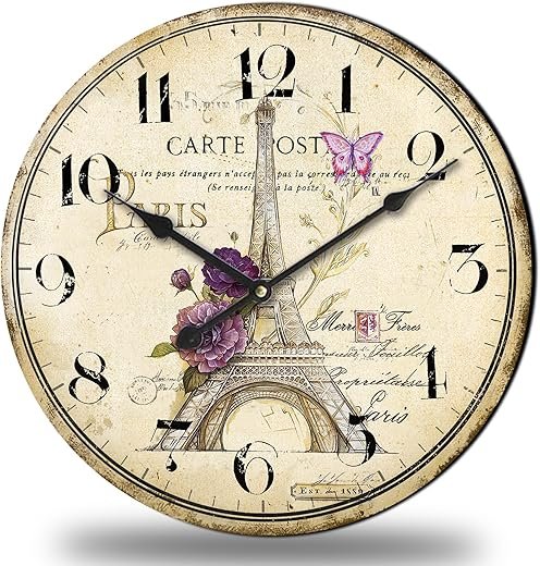 12 Inch Retro Silent Wall Clock Battery Operated for Kitchen,Small Wall Clock Non-Ticking Paris Eiffel Tower Decorative for Living Room,Vintage Wood Clock for Bedroom Home Office School