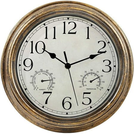 12“ Wall Clock,Retro Waterproof Clock with Displays Thermometer&Hygrometer,Noise-Free Clock for Indoor/Outdoor