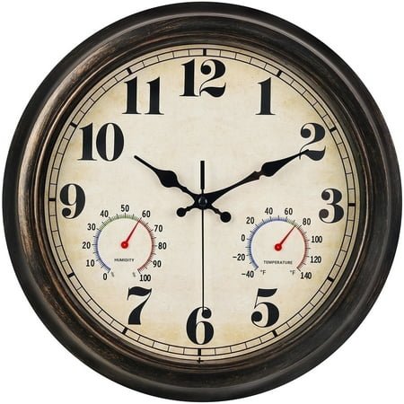 13 Inch Retro Wall Clock,Indoor and Outdoor,Quartz,Analog,Waterproof,Thermometer,Black Gold