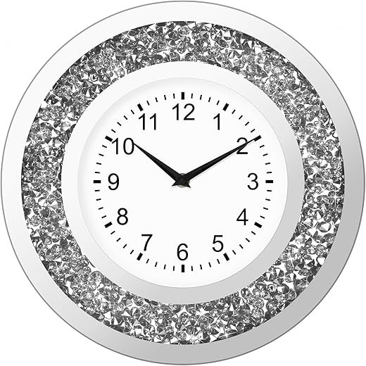 14 Inch Crystal Crushed Diamond Mirrored Wall Clock - Sparkle Twinkle Bling Wall Clock Silver Round Clock for Living Room, Bedroom, Home Decor, Silent Non-Ticking Quartz Movement