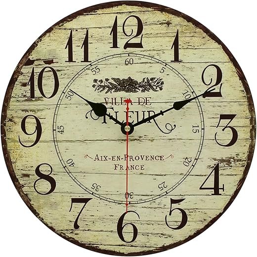 14 Inch Retro Vintage French Country Style Round Wooden Wall Clock Silent Battery Operated Non-Ticking Decorative Clock for Kitchen Farmhouse Bedroom Home Wall