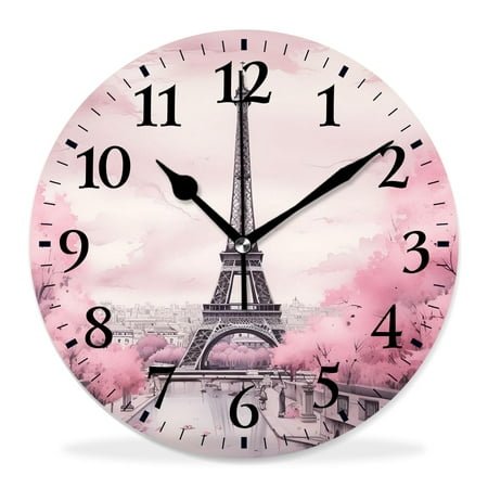 14 Inch Wall Clock Battery Operated Silent Clock Decorative for Office, Kitchen, Outdoor, Living Room,Paris Eiffel Tower France Oil Painting Artwork Beautiful