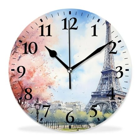 14 Inch Wall Clock Battery Operated Silent Clock Decorative for Office, Kitchen, Outdoor, Living Room，Oil Painting Paris France City Eiffel Tower Style