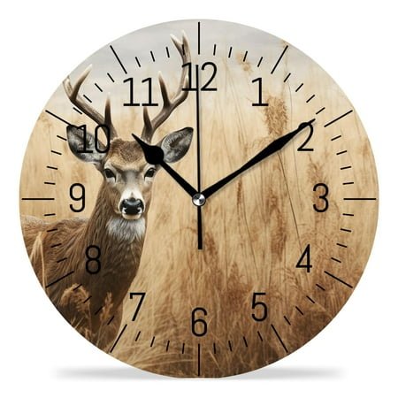 14 Inch Wall Clock Battery Operated Silent Clock Decorative for Office, Kitchen, Outdoor, Living Room，Whitetail Deer Fawn in Wilderness Countryside Cute
