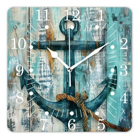 14 Inch Wall Clock Battery Operated Square Clock for Office, Kitchen, Outdoor, Living Room,Nautical Anchor with Rope on Turquoise Blue Grunge Natural