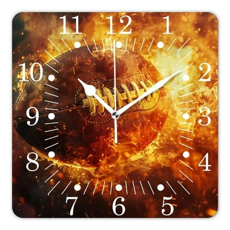 14 Inch Wall Clock Battery Operated Square Clock for Office, Kitchen, Outdoor, Living Room,American Football Ball In Fire Beautiful
