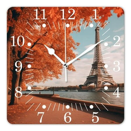 14 Inch Wall Clock Battery Operated Square Clock for Office, Kitchen, Outdoor, Living Room,Eiffel Tower Autumn Leaves Paris France Picture