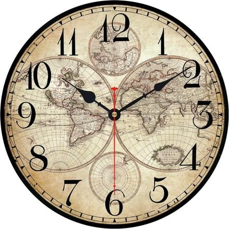 14 Inch Wooden Wall Clock Globe World Map Retro Vintage Rustic Wall Clocks Silent Non Ticking Clock Decorative for Kitchen Farmhouse Hotel