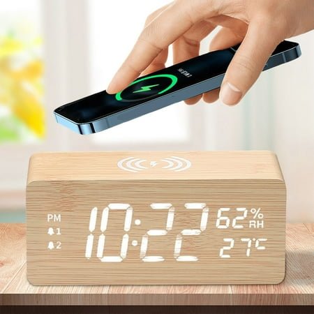 15W Fast Wireless Charging Clock with Temperature & Humidity Display - LED Night Light, Silent Alarm, Wooden Smart Clock for Bedroom, Office - 146x62x68mm