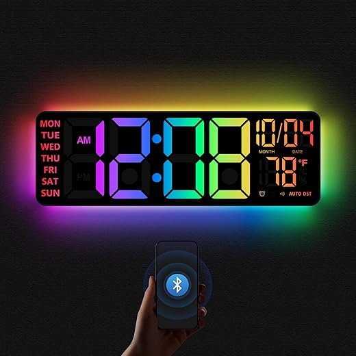 16 Digital Wall Clock with Night Light, Digital Clock with RGB Colors Changing Remote Control, Dual Alarm, Dimmer, Auto DST, Voice Control, Auto Time Sync, Clocks for Living Room, Gift for Elderly
