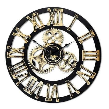 16 Inch Round Wall Clock, Antique Handmade Wooden Vintage 3d Gear Design,