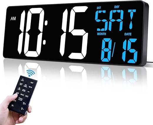 17 Inch Large Digital Wall Clock with Remote Control, Automatic Brightness Dimmer Digital Wall Clock Large Display with Day/Date/Temperature, Snooze, Count Up & Down Timer for Living Room, Office, Gym