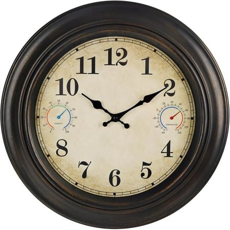 18 Inch Large Outdoor Clock with Thermometer and Hygrometer Combo, Retro Waterproof Indoor Outdoor Wall Clocks for Patio Pool Garden Living Room Home Decor- Bronze