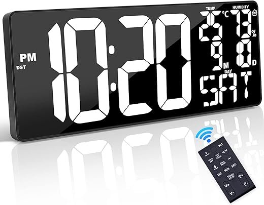 18 Inch Oversized Digital Wall Clock with Remote Control, Auto-Dimming, Temperature, Date/Day of Week, Large Display, Multi-Functional, White