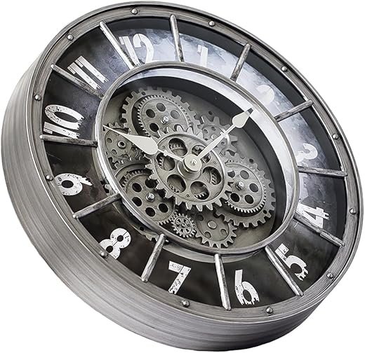 18 Inch Wall Clock with Moving Gears, Oversized Large Industrial Steampunk Decoration, Antique Metal Big Numeral Wall Clocks for Kitchen Study Room Living Room Decor (Matt Metal Silver-Black)