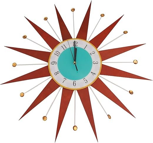 18'' Mid-Century Wall Clock Flat Sunburst Retro Wall Clock With Quartz Movement And Keyhole Hanging, Battery Operated For Home Living Room Bedroom Office Decor