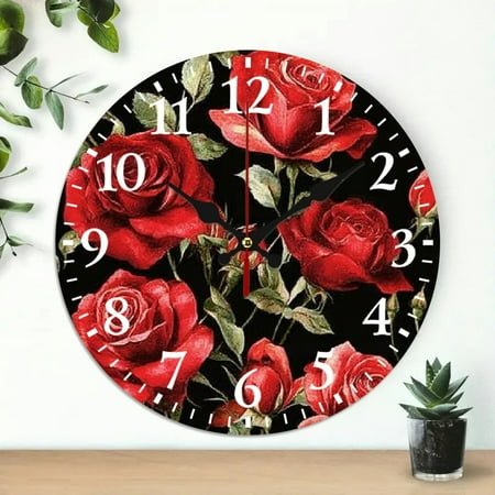 1pc red roses Theme Wall Clock, 10 inch Round Wooden Wall Clock for Home Decor Perfect for Living Room, Dorm, Bedroom, Kitchen, Home Office & More, Wall Clock Living Room