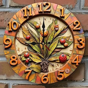 1pc Wooden Silent Wall Clock 10 * 10inch Rustic Ladybug Wall Clock with Autumn Leaves, Handcrafted Ceramic Art for Home Decor, Nature-Themed Timepiece (COLOR1)