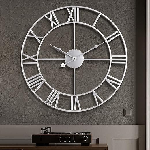 1st owned Large Wall Clock Silent Non-Ticking Roman Numerals Vintage Battery Operated (24 inch,18inch,16inch) Farmhouse Wall Clock for Living Room, Bedroom, Kitchen, Cafe Decor-Silver 40CM