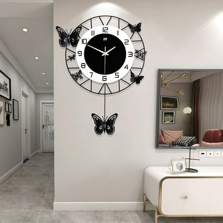 20*13inch Butterfly Wall Clock Black Metal Wall Clock Indoor Flower Wall Clock for Bedrooms Dining Rooms Living Rooms