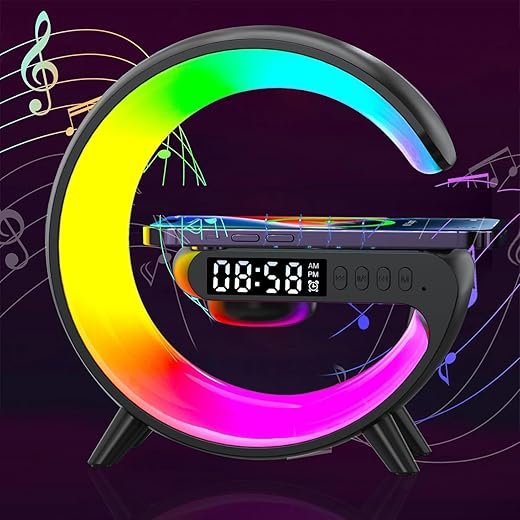 2026 New Wireless Speaker Charger, Smart Alarm Clock LED Table Lamp Bluetooth Speaker Atmosphere Bedside Light with Wireless Charging Station,Alarm Clock Music Lit Lamp Christmas Gift