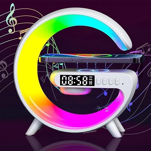 2026 New Wireless Speaker Charger, Smart Alarm Clock LED Table Lamp Bluetooth Speaker Atmosphere Bedside Light with Wireless Charging Station,Alarm Clock Music Lit Lamp Christmas Gift