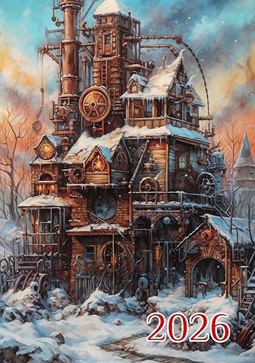 2026 Wall Calendar [12 pages 8"x12"] Incredible Steampunk Buildings with Incredible Clocks Vintage Book Illustration Poster