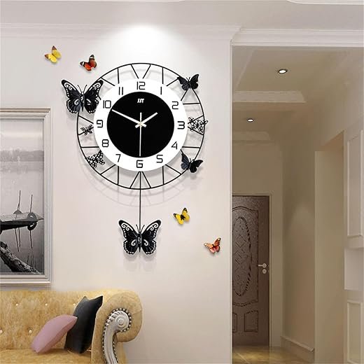 20 Inch Large Round Wall Clock Butterfly Decor Silent Pendulum Battery Operated Non-Ticking Modern Pendulum Wall Clock Art Decor for Living Room Bedroom Dining Room, Black