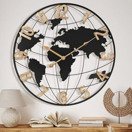 20 Inch Large Wall Clock for Living Room Decor,Big Modern Decorative Silent Metal World Map Wall Clock with Vintage Gold Arabic Numeral for Office,Living Room,Kitchen,Dining Room