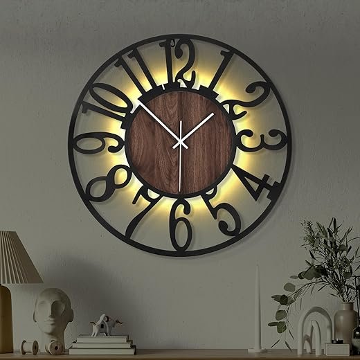 20'' Ultra-Silent Wall Clock with Night Light, Glow in The Dark Decorative Wall Clock Battery Operated, Rustic Modern Metal & Wood Clocks for Bedroom Living Room Decor, Arabic Numerals