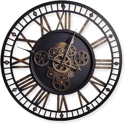 24 Inch Large Digital Wall Clock with Real Moving Gears-Round Silent Vintage Industrial Metal Farmhouse Clock for Bedroom, Battery Operated, Roman Numeral, Golden