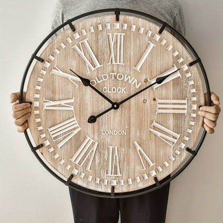 24 Inch Large Farmhouse Wall Clock, Rustic Antique Wood With Metal Circle And Large Engraved Numerals