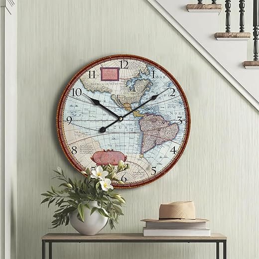 24 Inch Large Rustic World Map Wall Clock Silent Battery Operated for Living Room Bedroom, Big Vintage Wall Clock Non-Ticking for Kitchen Home School