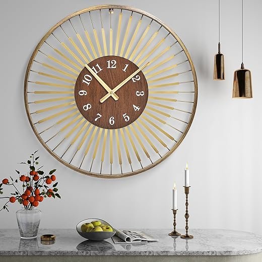 24 Inch Mid-Century Modern Wall Clock, Round Frame Metal Design with Walnut Wood Center, Silent Quartz Movement, Gold-Tone Accents – Decorative Wall Clock for Living Room, Bedroom, and Office