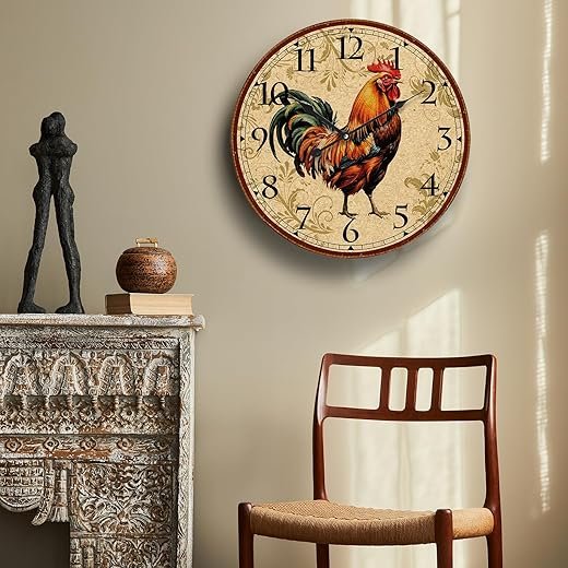 24 inch Rooster Wall Clock Retro Silent Non Ticking Easy to Read Clock, Battery Operated Decorative Large Wall Clocks for Kitchen Living Room Bedroom Farmhouse Decoration