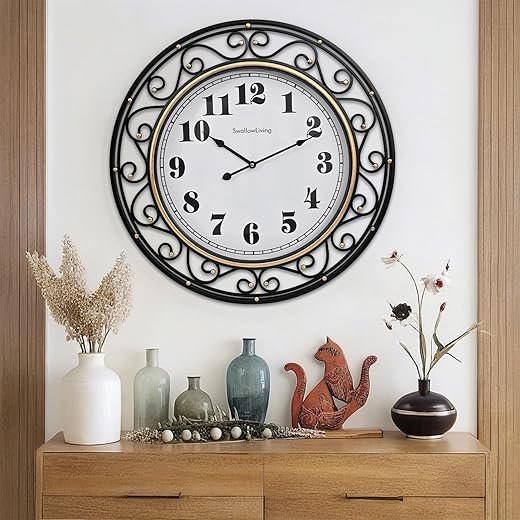 24 Inch Vintage Iron Metal Frame Wall Clock Silent, Battery Operated, Elegant Retro Decor for Living Room, Kitchen, Office, Dining Room, and Bedroom