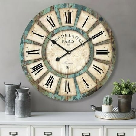 24 Inch Vintage Wall Clock, Roman Numerals Style, Battery Operated, Non-Ticking, Large Oversized Farmhouse Clock, Rustic Wall Decor, Perfect for Home, Kitchen, Living Room
