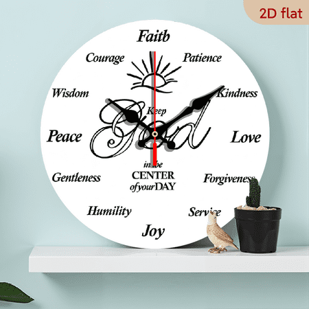 2D Flat 1pc 10Inch Put God First Christian Church Wall Clock Large Silent Non Ticking Quartz Clock with Bible Verses (Faith, Love, Forgiveness), Artificial Wood Frame Religious Home, Office