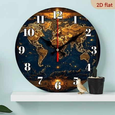 2D Flat 1pc 10Inch Silent Wooden World Map Wall Clock, Fantasy Round Analog Display with Japanese Quartz Movement, Battery Operated (AA Not Included), Ideal for Living Room, Kitchen