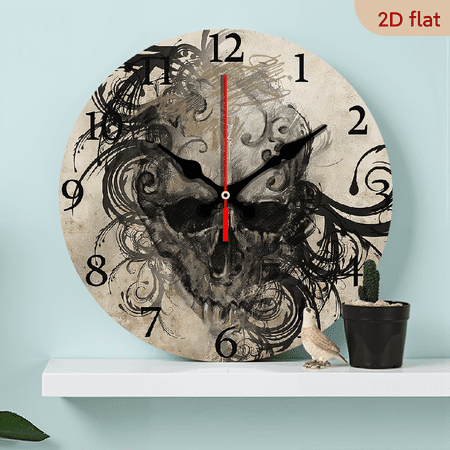 2D Flat 1pc 10Inch Stylish Horror Skull Wooden Wall Clock with Silent Operation, Perfect for Decorating Living Rooms And Kitchens, a Great Gift for Friends