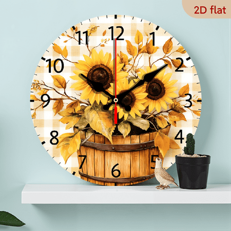 2D Flat 1pc 10Inch Wooden Sunflower Wall Clock Vintage Clock Silent Non Ticking Clocks Battery Operated for Home Living Laundry Room Kitchen Bedroom Office