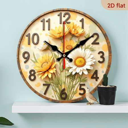 2D Flat 1pc 10Inch wooden wall clock Country style decoration, with floral design, yellow daisies, green stems, beige background easy to read numbers, AA battery powered suitable for living room
