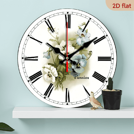 2D Flat 1pc 10Inch Wooden White Pansies Large Wall Clock, Ultra Quiet Quartz Mechanism Hand Beautiful Crisp Lasting Color Comes in Sizes