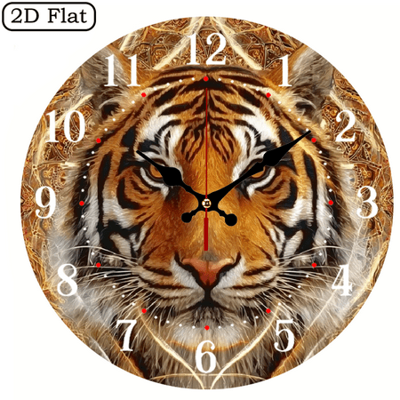 2D Flat 1pc Handmade Tiger Design Silent Wall Clock - Wooden, Ideal for home, Office Decor, Perfect Christmas or New Year Gift, Room Decoration, Birthday Gift for Lovers 10Inch