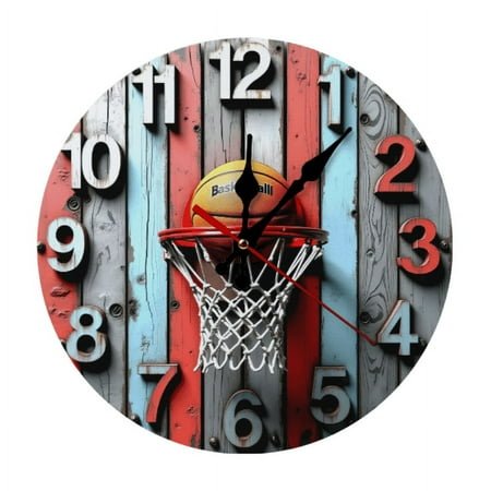 2D Silent Wooden Wall Clock Vintage Room Decor,basketball hoop with a basketball hanging from it, perfect for spiritual homes/ holiday/ Room/ Coffee/ Unique Gift 10 Inch (AA Battery Not Included)