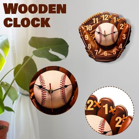 2D Wooden Baseball Glove Wall Clock,Brown Leather Design,Battery Operated,Quartz Movement,Not Ticking,Baseball Themed Clock Gift'S for Boys' Room,Livingroom,Classroom,Study Room (10 in)