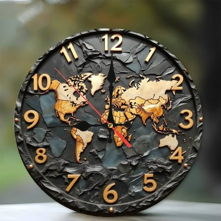 2D World Map Wall Clock with Gold Accents Decor 10-Inch Silent Wooden Wall Clock, Battery Operated (AA Batteries Not Included), Artistic Home Decor