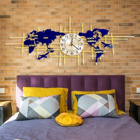 37.8 Inch Modern World Map Wall Clock, Silent Quartz 3D Design, Large Handmade Iron Frameless Decorative Clock for Living Room, Bedroom, Kitchen, Office (Small)