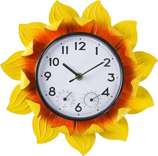 3D Metal Sunflower Wall-Mounted Outdoor Clock Thermometer and Hygrometer Combo，11 Inch Wall Clock Waterproof Quartz Clock Silent No-Ticking for Patio,Kitchen, Living Room,bedrooms,Garden