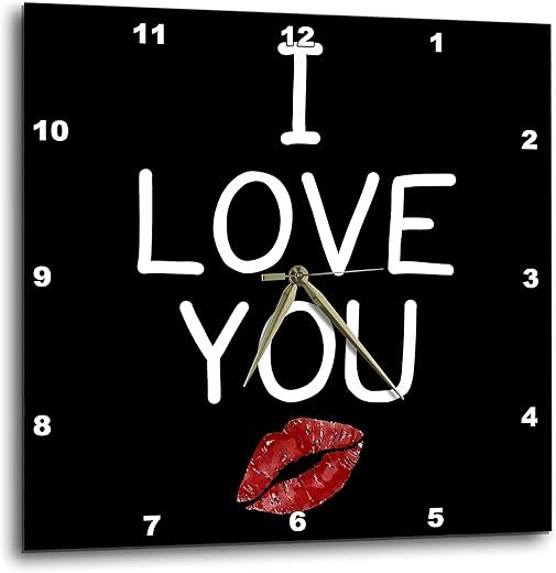 3dRose Wall Clock Silent - 10 inch - I Love You with red Lips. Bold White Lettering on a Black Background. - Stamp City - Typography